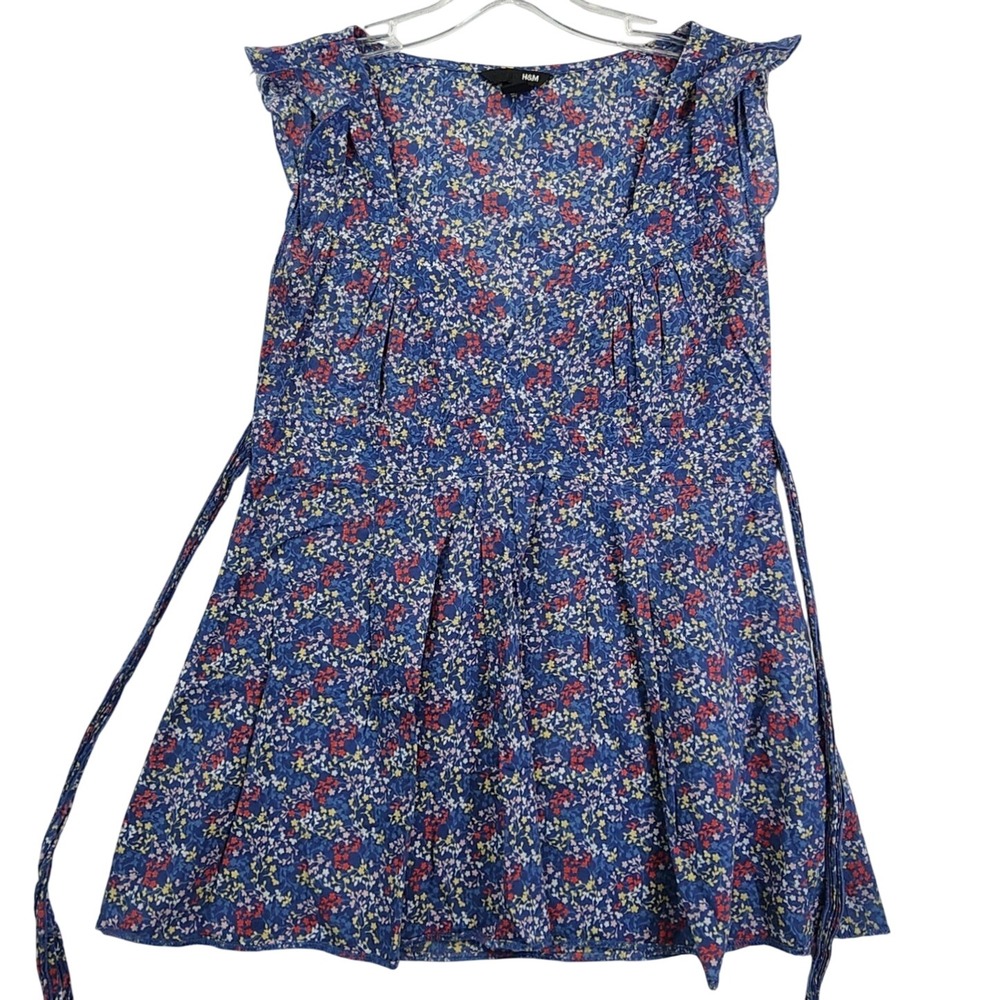 H&M Blue Floral Sleeveless Peplum Top Boho Cottagecore V-Neck Ruffle Blouse Sz 8